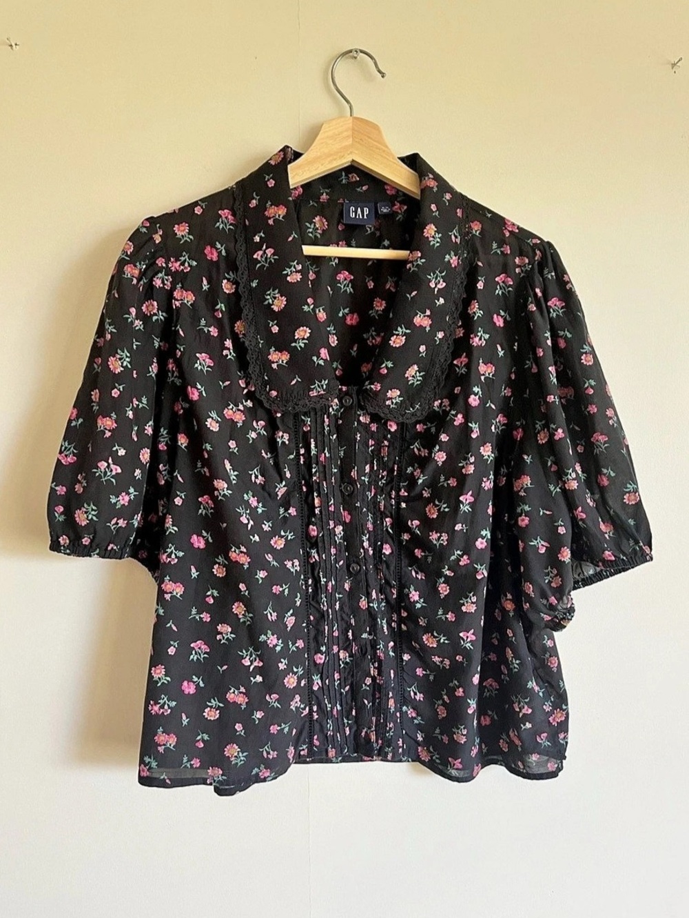 Gap Puff-Sleeve Collared Top Floral Blouse Black & Pink Size XL